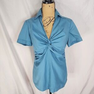 Y2K NEW YORK &‎ COMPANY Size 6 Blue Twist Front Short Sleeve Career Chic Blouse